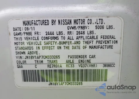 2012 Infiniti M37 z USA, uszkodzony, nr VIN JN1BY1AP7CM333265